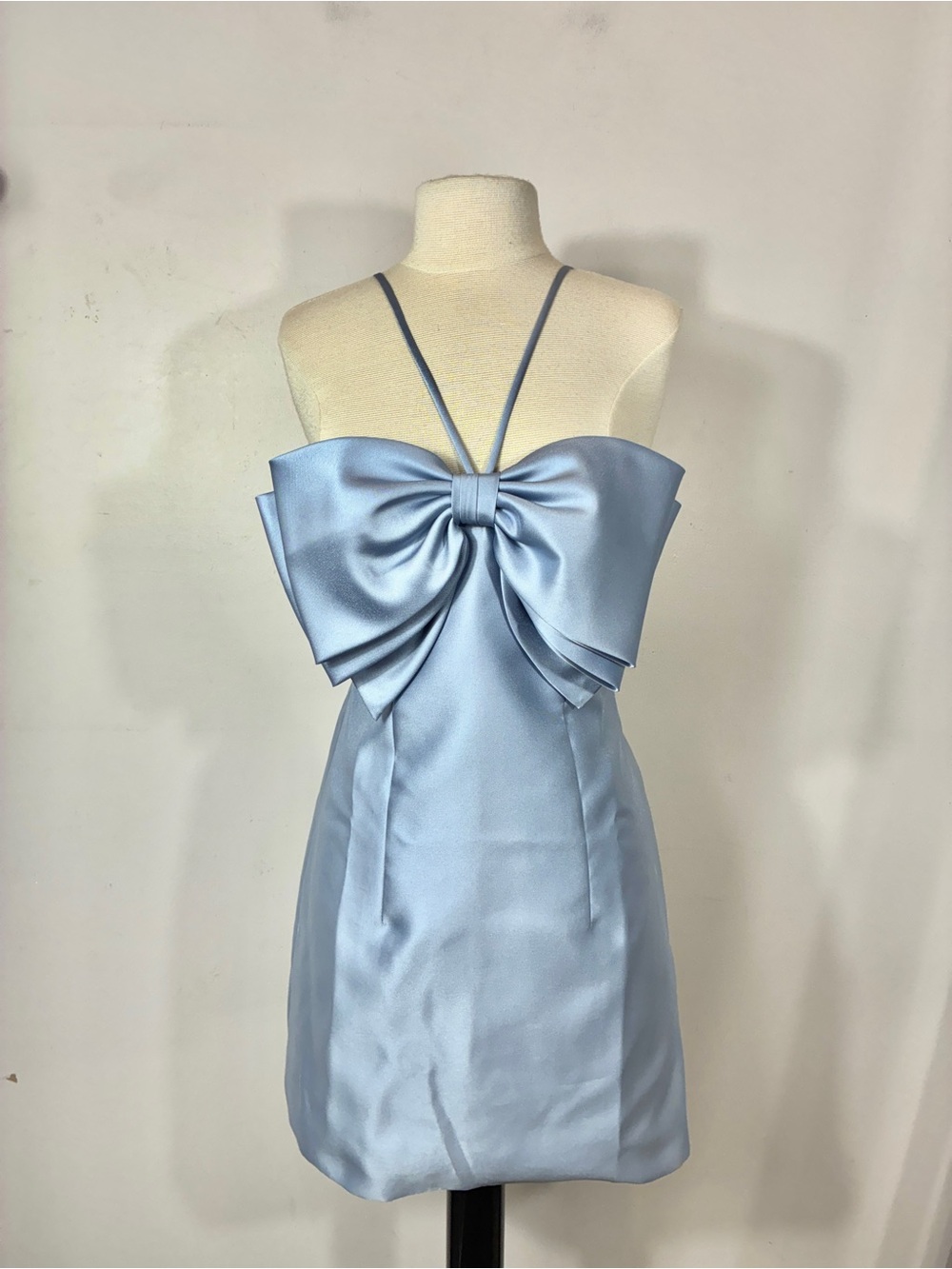 Alfred Sung Light Blue Satin Mini Dress Oversized Bow Detail Size M - Picture 2 of 11